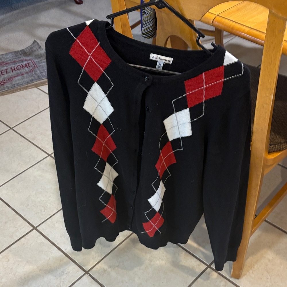 Croft & Barrow Black Cardigan with Red and White Argyle